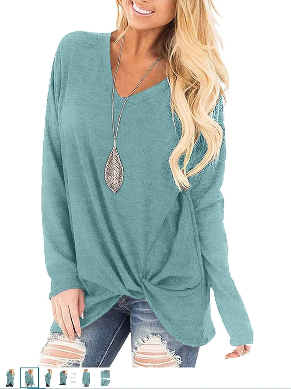 Twist-Front V-Neck Long Sleeve Top - Seafoam